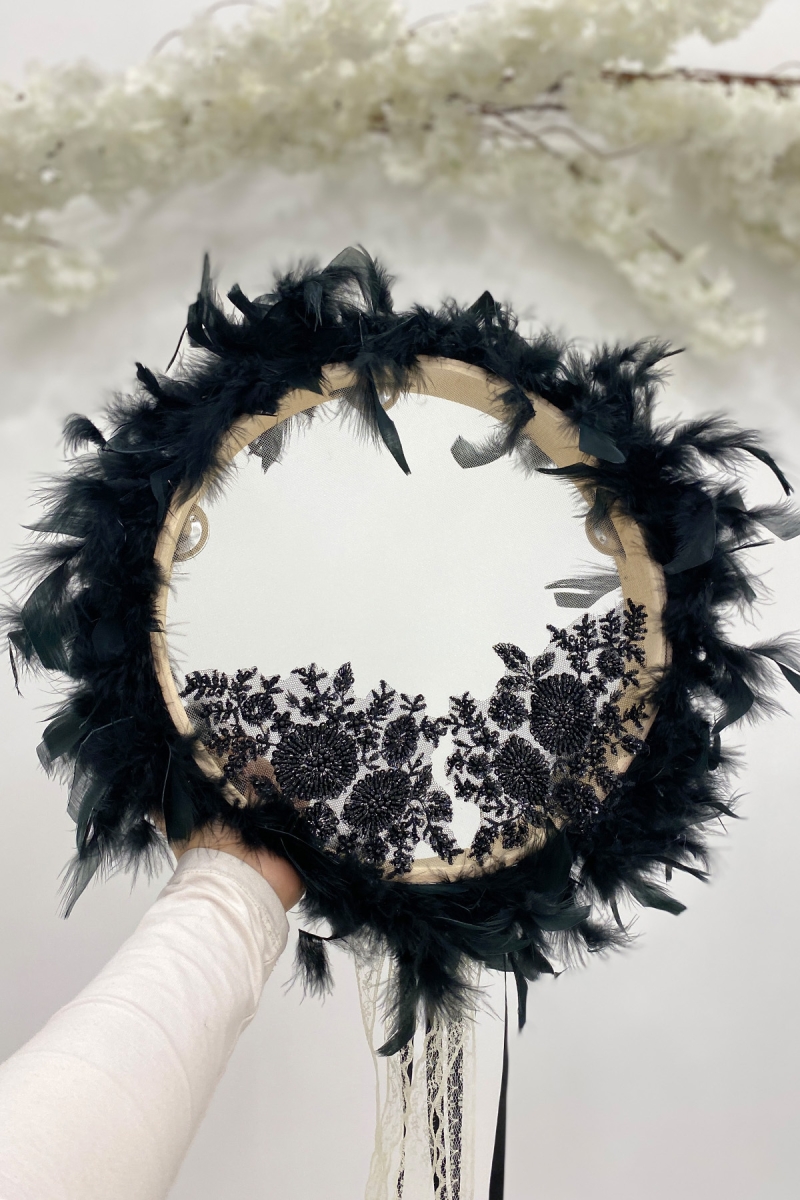 Vip Aplikli Tüylü Gelin Tefi Siyah, Nedime Düğün Kına Gecesi Sünnet Bekarlığa Veda Bride 30cm 1 Adet