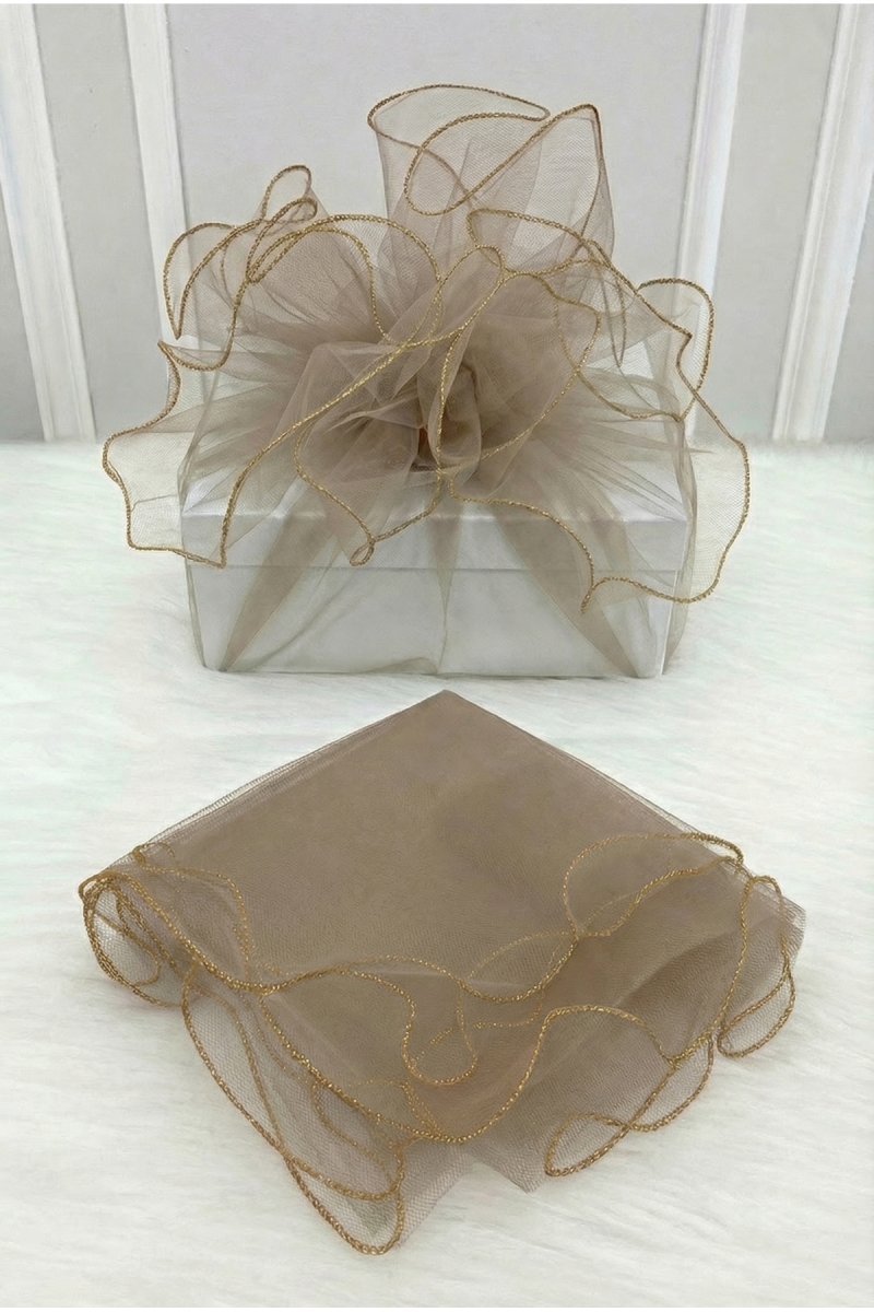 Vizon Süsleme Tülü Gold Kenarlı, Bohça Çeyiz Gelin Damat Söz Nişan Nikah Valiz Hediye Süsü 100x100cm