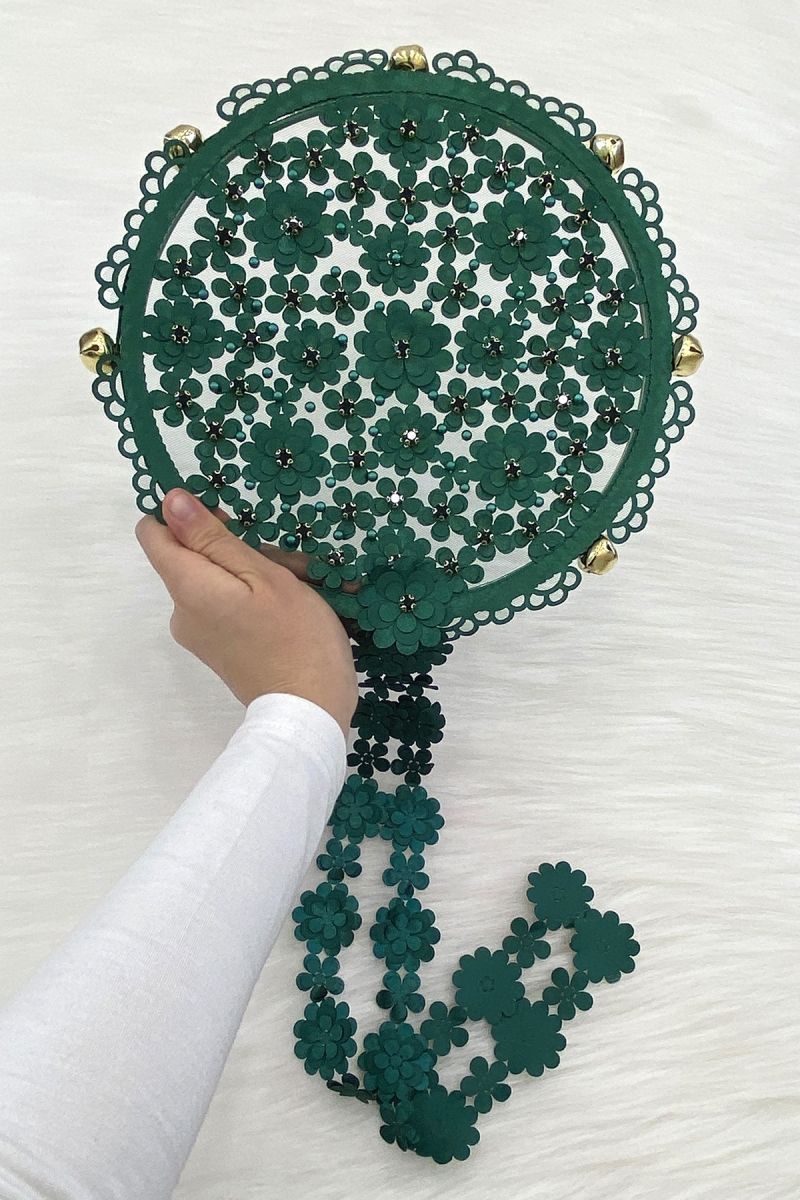 Yeşil Çiçekli Parlak Taşlı Gelin Tefi, Düğün Kına Söz Sünnet Bekarlığa Veda Bride Zilli 25cm, 1 Adet