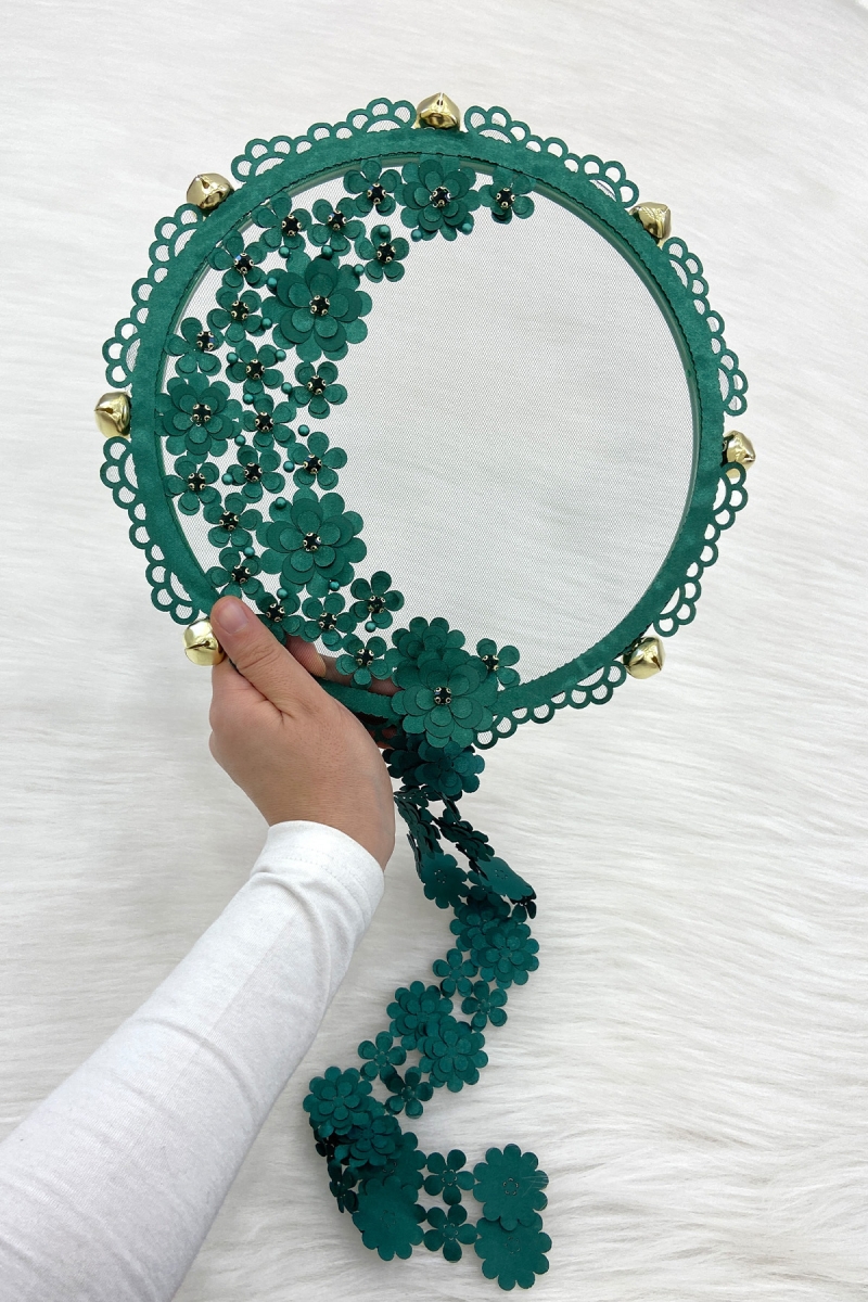 Yeşil Çiçekli Parlak Taşlı Gelin Tefi, Düğün Kına Söz Sünnet Bekarlığa Veda Bride Zilli 25cm, 1 Adet