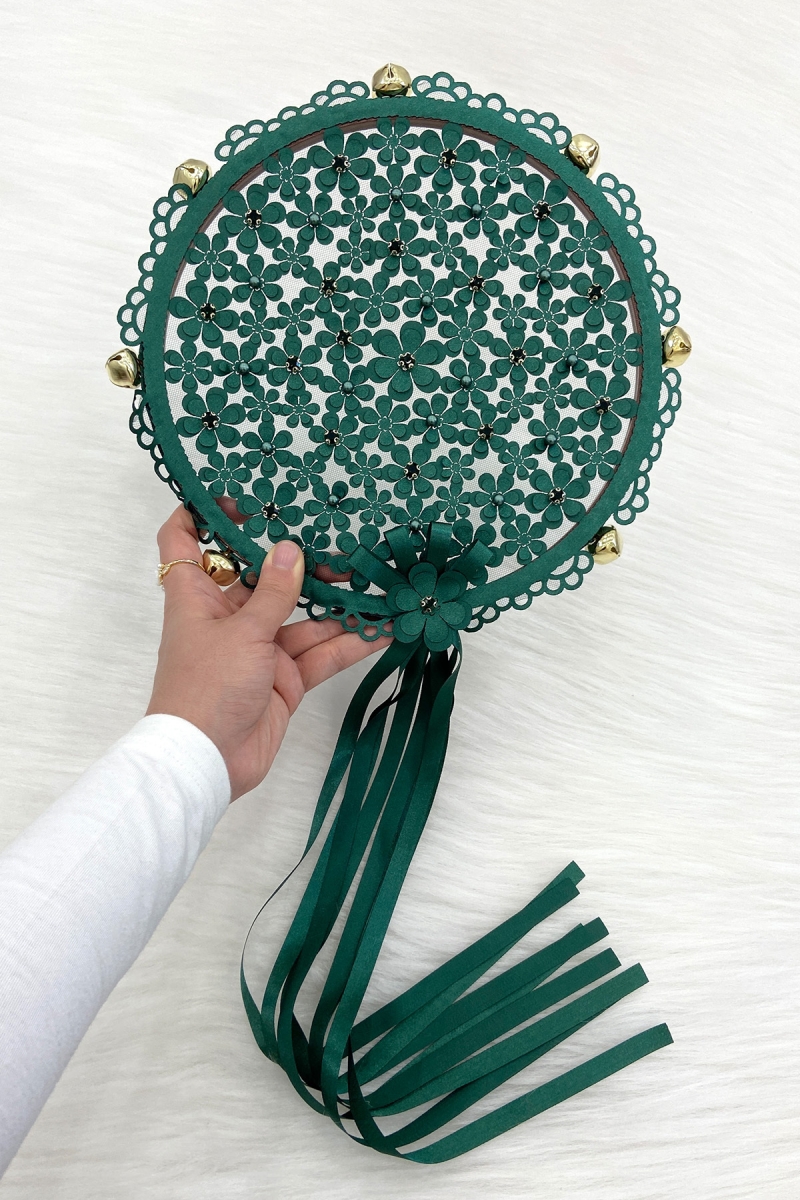 Yeşil Çiçekli Parlak Taşlı Gelin Tefi, Düğün Kına Söz Sünnet Bekarlığa Veda Bride Zilli 25cm, 1 Adet