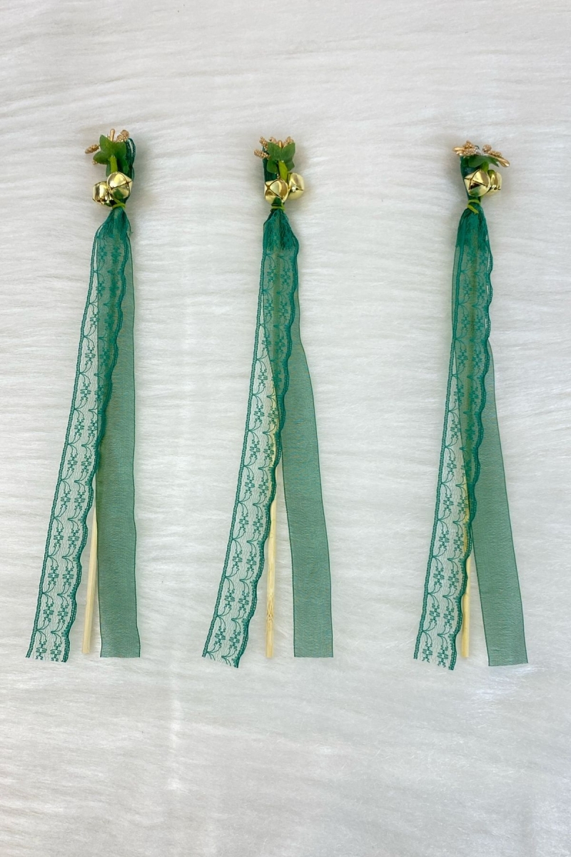 Yeşil Çubuk Nedime Zili, Gelin Damat Düğün Kına Sünnet Tefi Defi, Cipso Ve Kurdele Süslemeli 10 Adet