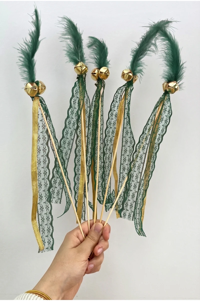 Yeşil Çubuk Nedime Zili Tüylü, Düğün, Kına Gecesi; Sünnet, Bride, Tüy Kurdele Süslemeli 10 Adet
