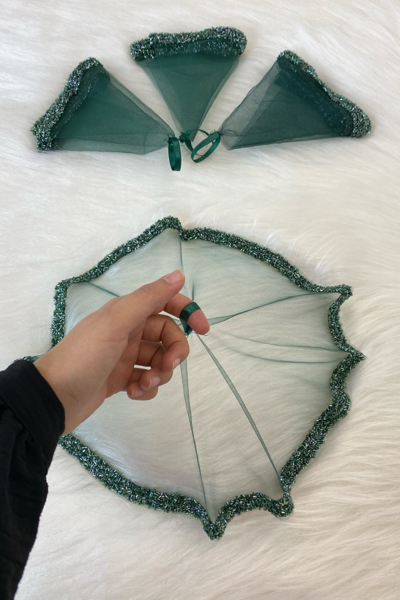 Yeşil Gelin Damat Mendili, Düğün Halay Nedime Kına Gecesi Sünnet Mendili, Cam Boncuk ve Pul Baskılı