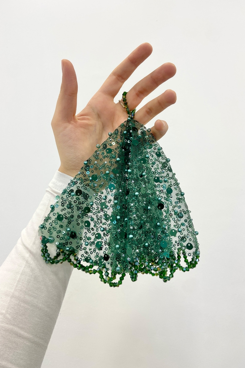 Yeşil Gelin Damat Mendili, Pul Payet İnci Ve Kristal Taş Detaylı, Düğün Kına Sünnet Söz Nişan