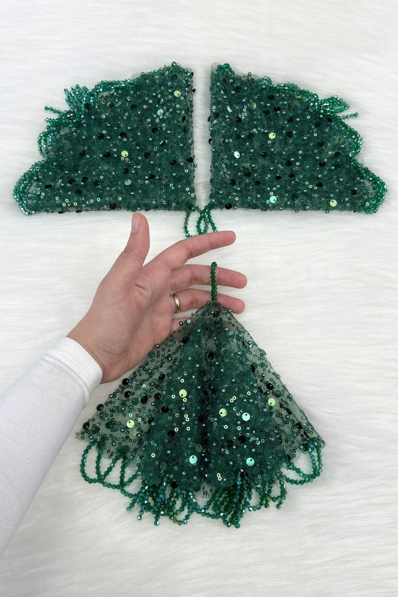 Yeşil Gelin Damat Mendili Pul Payet İnci Ve Kristal Taş Detaylı Düğün Kına Sünnet Söz Nişan Halay