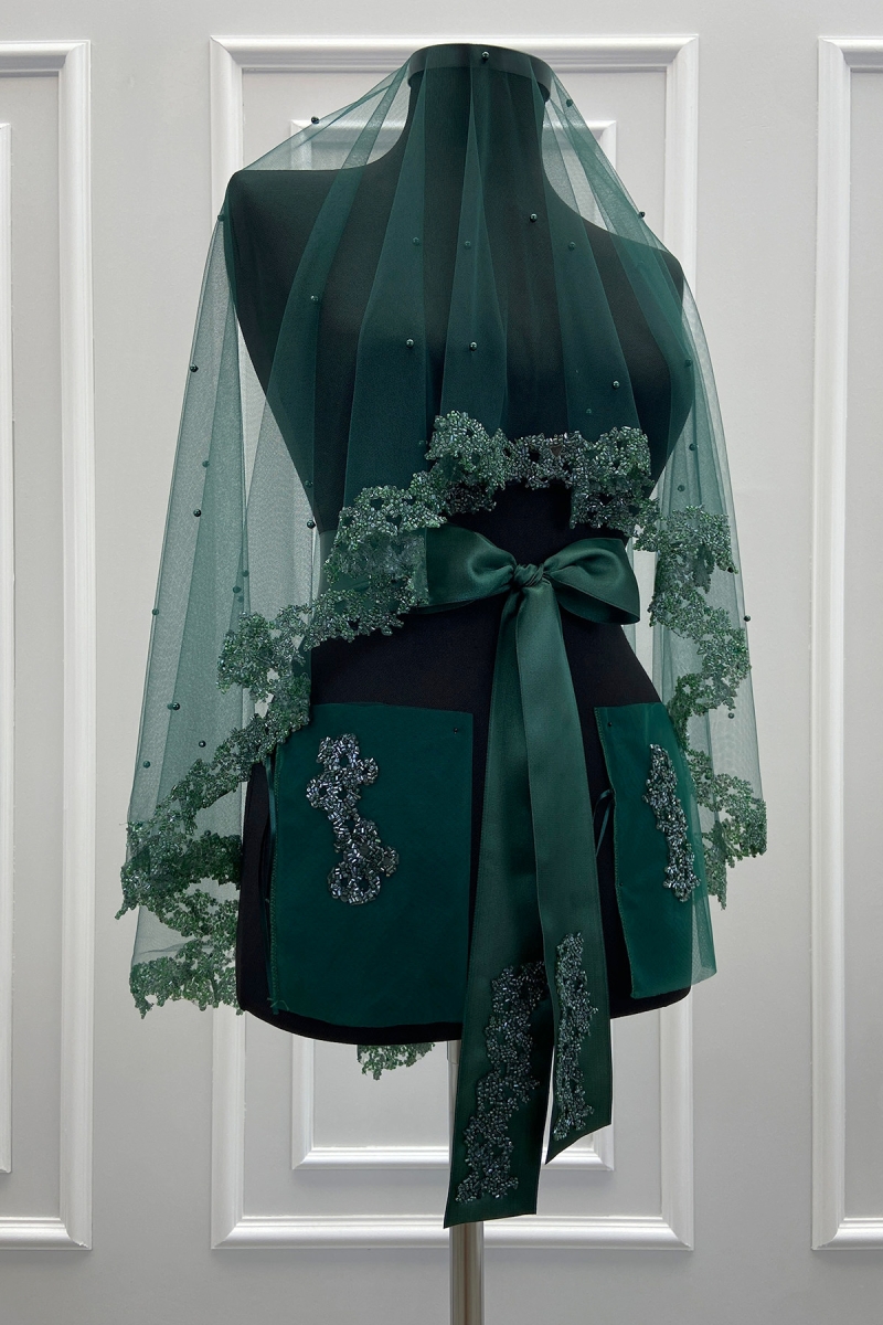 Yeşil Gelin Duvak Seti, Cam Boncuk Ve İncili, Kına Gecesi Duvağı Yüz Örtüsü Seti 6 Parça