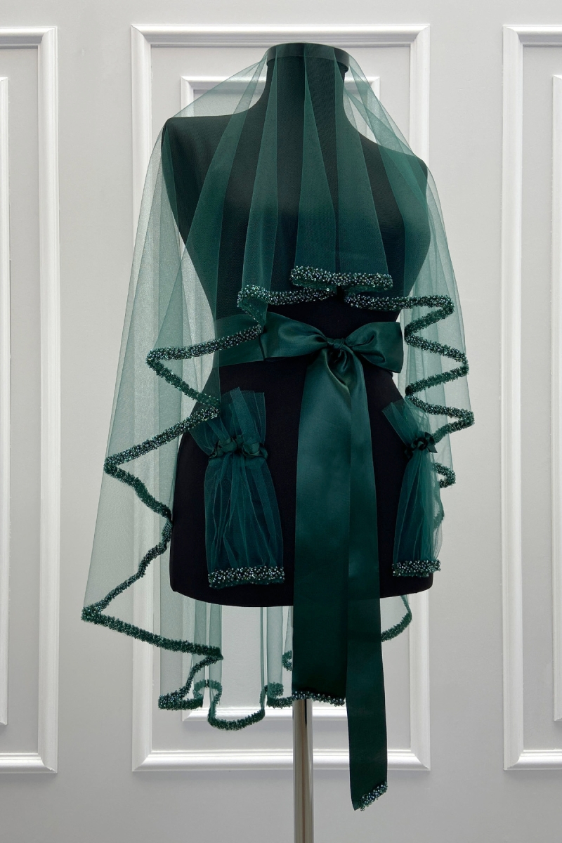 Yeşil Gelin Duvak Seti, Cam Boncuk Ve İncili, Kına Gecesi Duvağı Yüz Örtüsü Seti 6 Parça