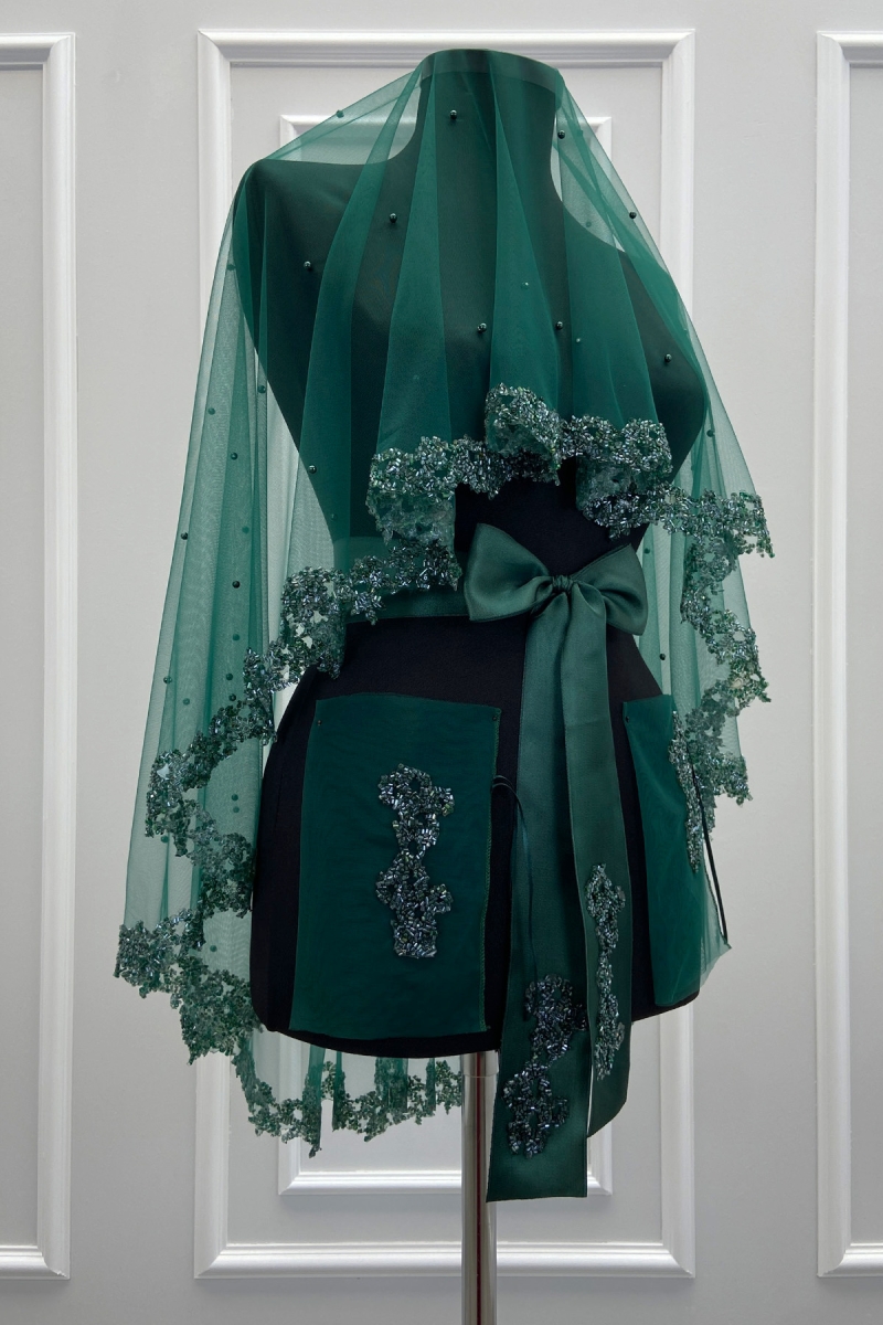 Yeşil Gelin Duvak Seti, Cam Boncuk Ve İncili, Kına Gecesi Duvağı Yüz Örtüsü Seti 6 Parça