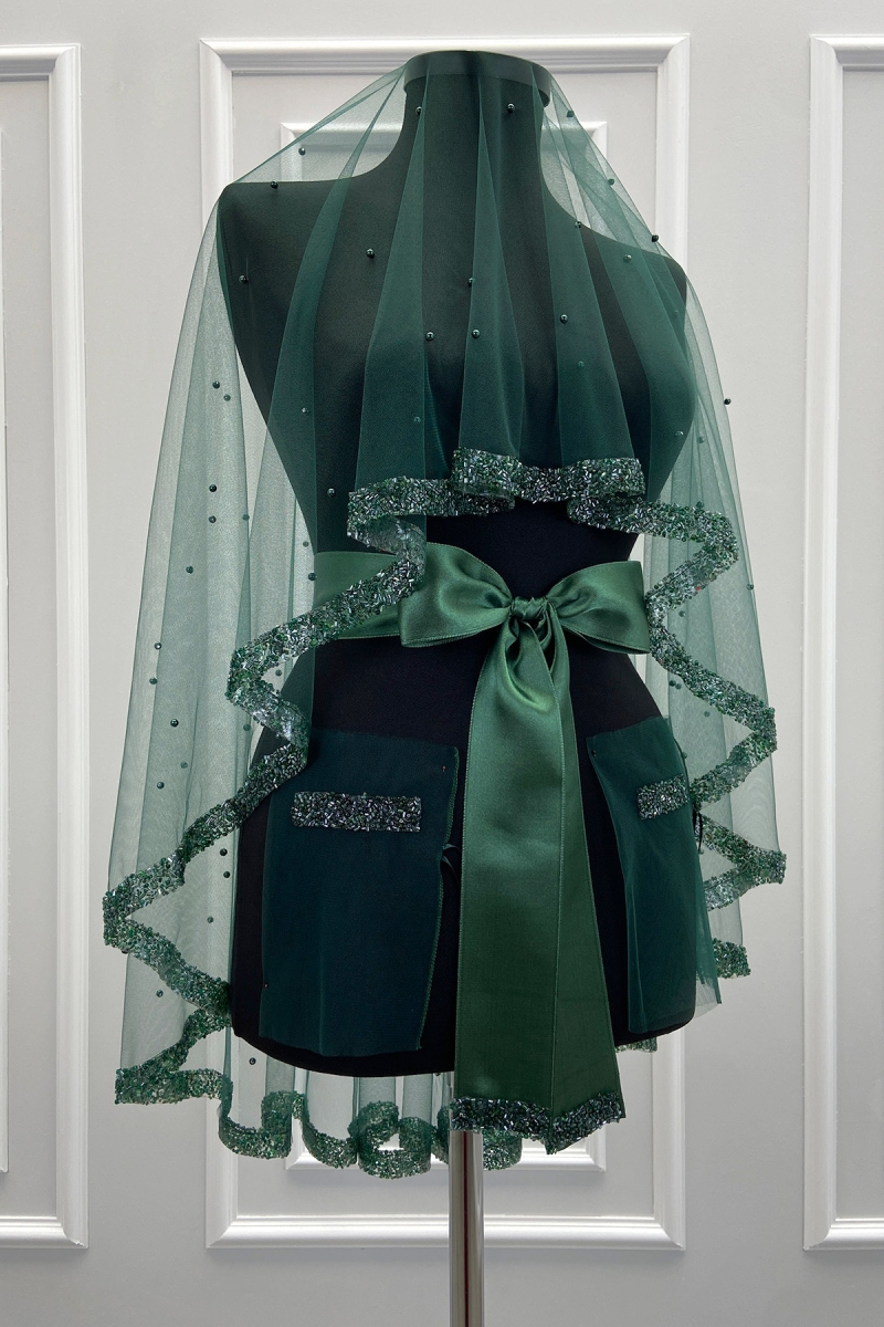 Yeşil Gelin Duvak Seti, Cam Boncuk Ve İncili, Kına Gecesi Duvağı Yüz Örtüsü Seti 6 Parça