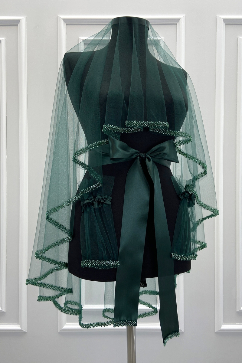 Yeşil Gelin Duvak Seti, Cam Boncuk ve İnci İşlemeli, Kına Gecesi Duvağı Seti 6 Parça