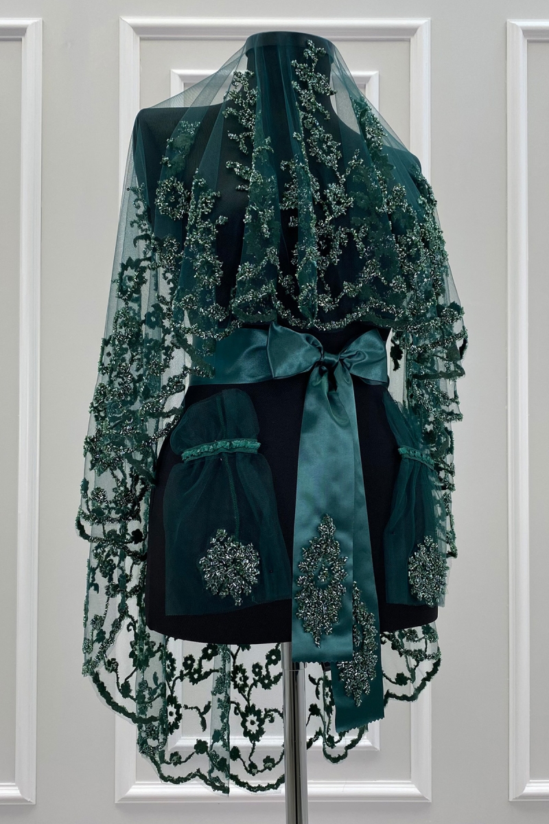 Yeşil Gelin Duvak Seti, Cam Boncuk ve Pul Baskılı Kına Duvağı Yüz Örtüsü Seti 6 Parça