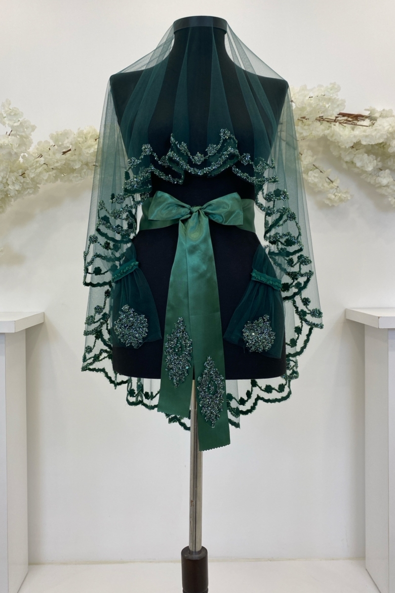 Yeşil Gelin Duvak Seti, Cam Boncuk ve Pul Basklı Kına Duvağı Seti 6 Parça