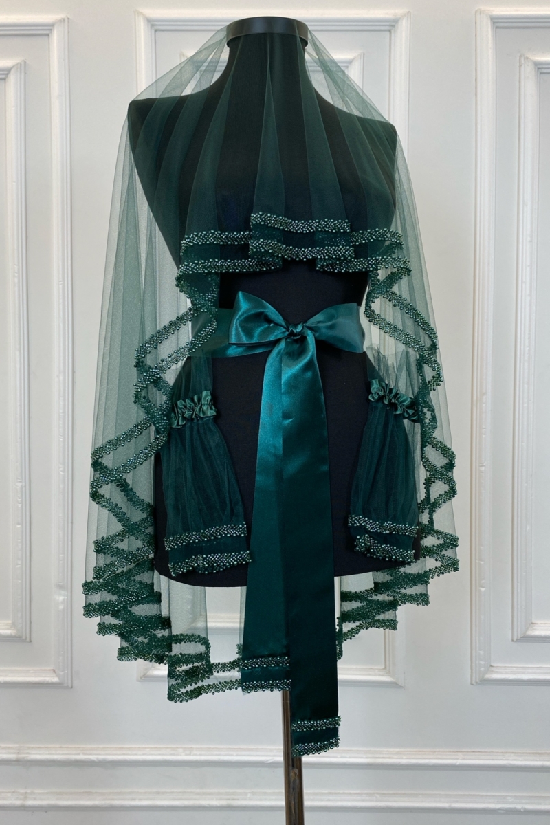 Yeşil Gelin Duvak Seti, Çift Sıra Cam Boncuk ve İnci İşlemeli, Kına Duvağı Seti 6 Parça