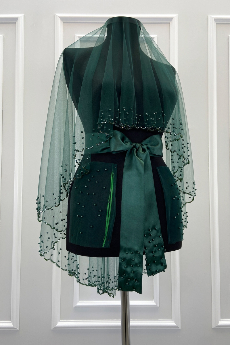 Yeşil Gelin Duvak Seti, Işıl Işıl Kristal Boncuk Ve İncili, Kına Duvağı 6 Parça