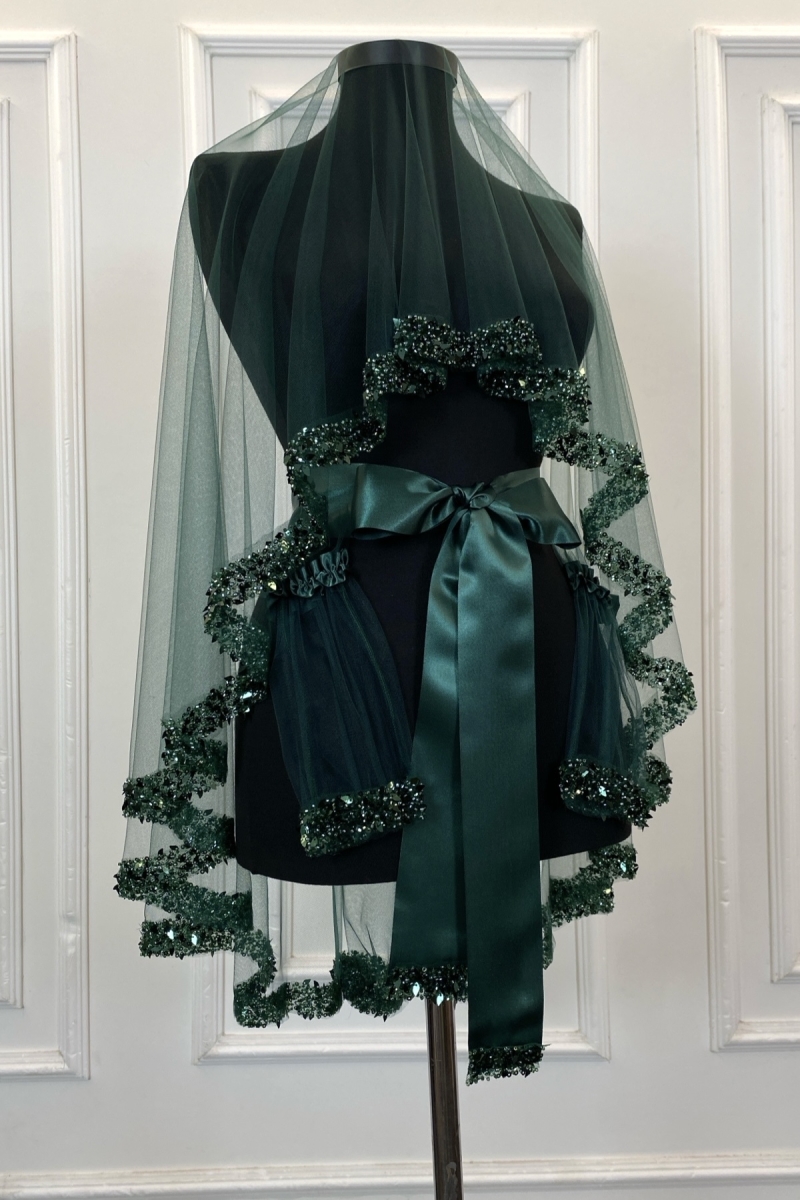 Yeşil Gelin Duvak Seti, Su Taşlı Pullu Boncuklu İncili Yaprak Desenli Kına Duvağı Seti 6 Parça