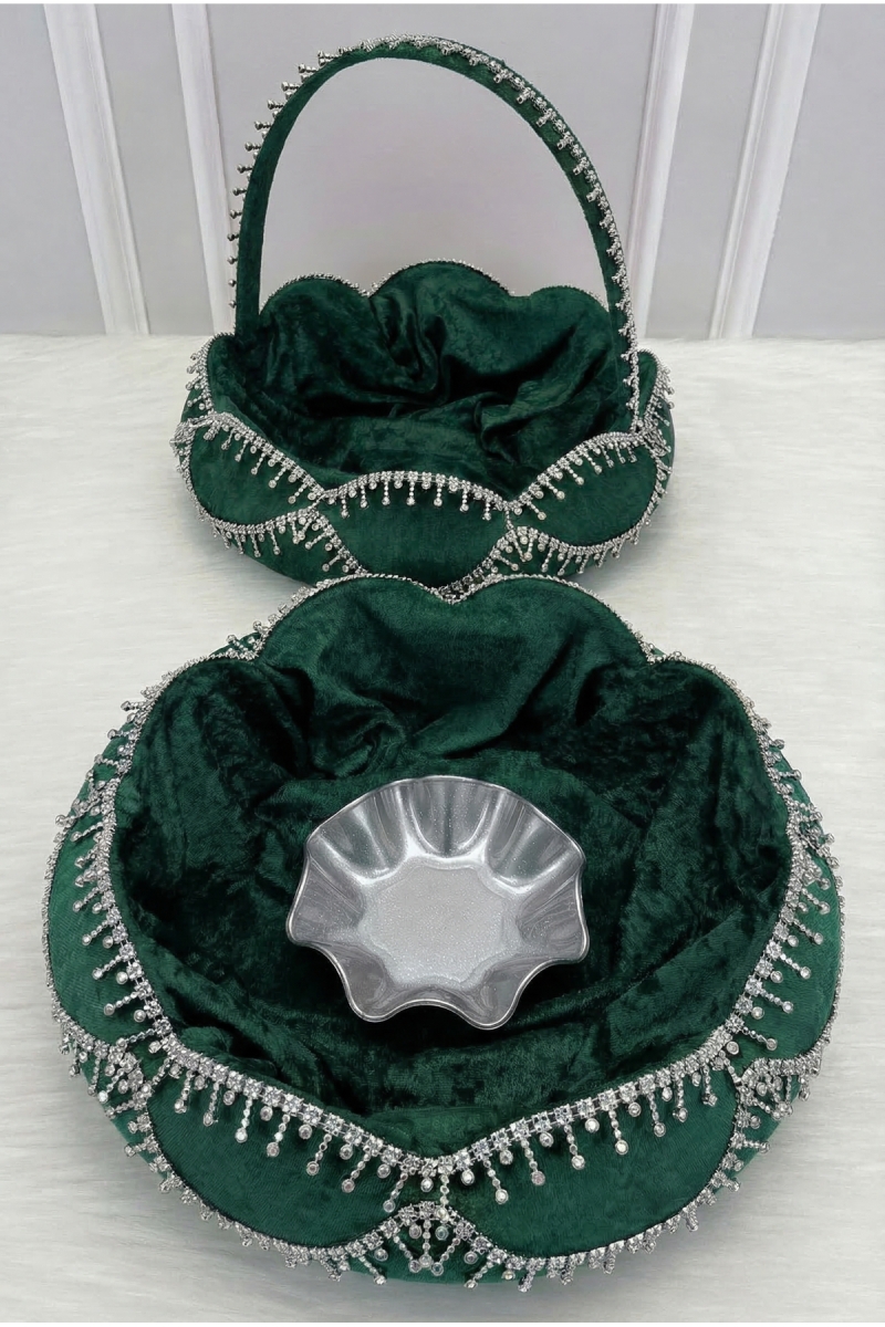 Yeşil Gelin Kına Gecesi Tepsi Sepet Takımı, Gümüş Parlak Taş Süslemeli, Nişan, Nikah, Düğün, Söz
