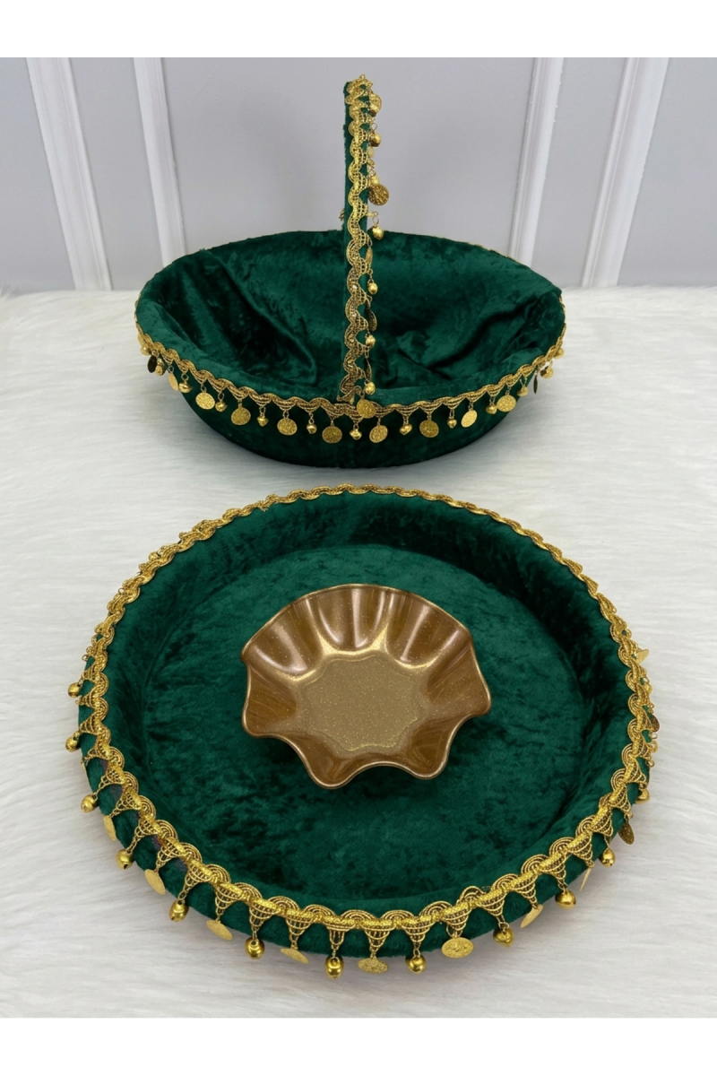 Yeşil Gelin Kına Gecesi Tepsi Ve Sepeti, Kadife, Gold Zilli Ve Pullu, Düğün, Sünnet, Nişan, Söz