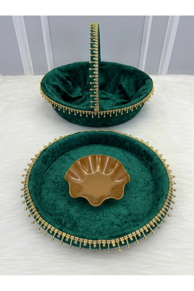 Yeşil Gelin Kına Gecesi Tepsi Ve Sepeti, Lüks Parlak Taşlı Kadife, Düğün, Sünnet, Nişan, Söz
