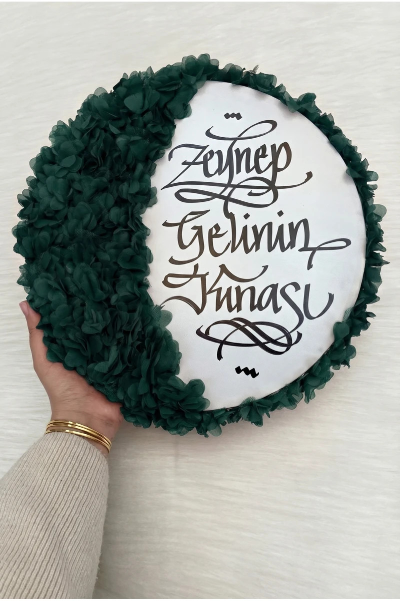 Yeşil Gelin Tefi 32cm, Kaligrafi Ve 3d Çiçek Süslemeli, Düğün Sünnet Kına Nedime Bride Parti Defi