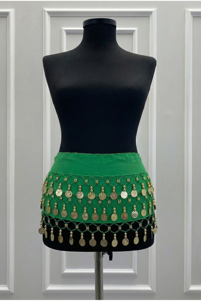 Yeşil Gold Şakira Oryantal Dansöz Dans Kemeri Pullu Zilli Kına Oyun Eğlence Nedime Düğün Shakira