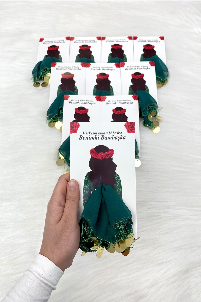 Yeşil Gold Şifon Kartlı Hediyelik Halay Mendili 10 Adet, Gelin Damat Düğün Kına Sünnet Nişan Bride