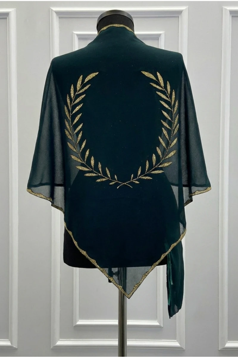 Yeşil Gold Zeytin Dalı Şifon Damat Omuz Örtüsü Şalı, Kına Örtüsü, Sağdıç Asker Örtüsü