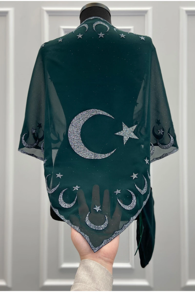 Yeşil Gümüş Simli Ayyıldız Şifon Damat Omuz Örtüsü Şalı, Kına Örtüsü, Sağdıç Asker Örtüsü