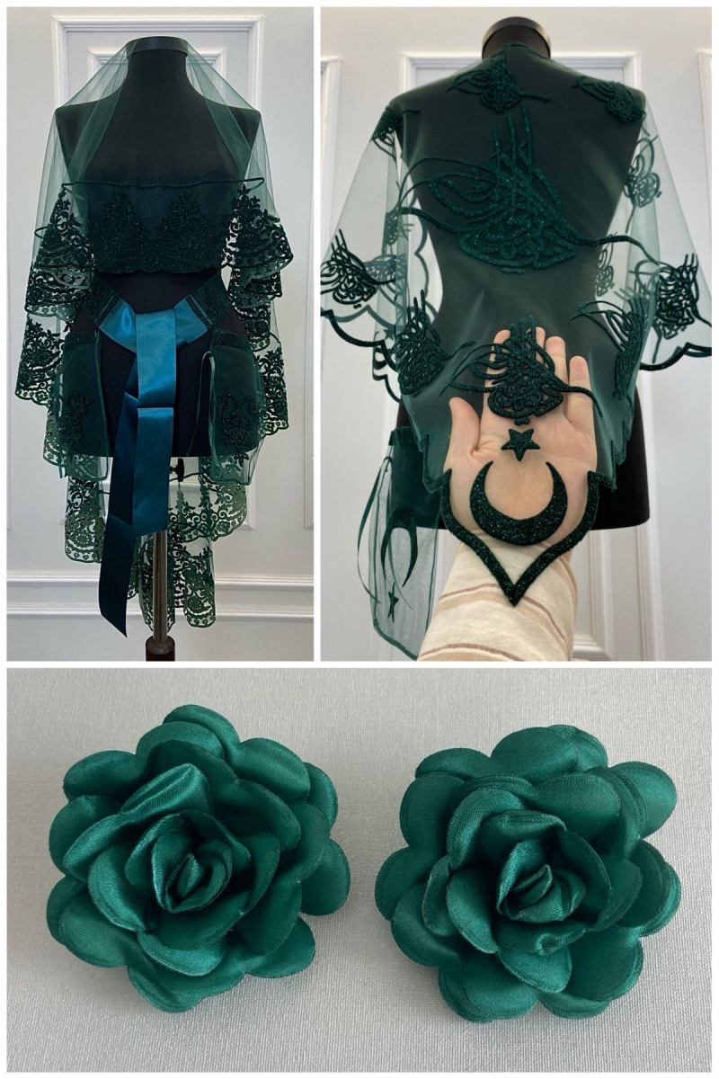 Yeşil Kına Duvağı, Gelin Duvak Seti Damat Omuz Örtüsü Şalı El Gülü 8 Parça Takım