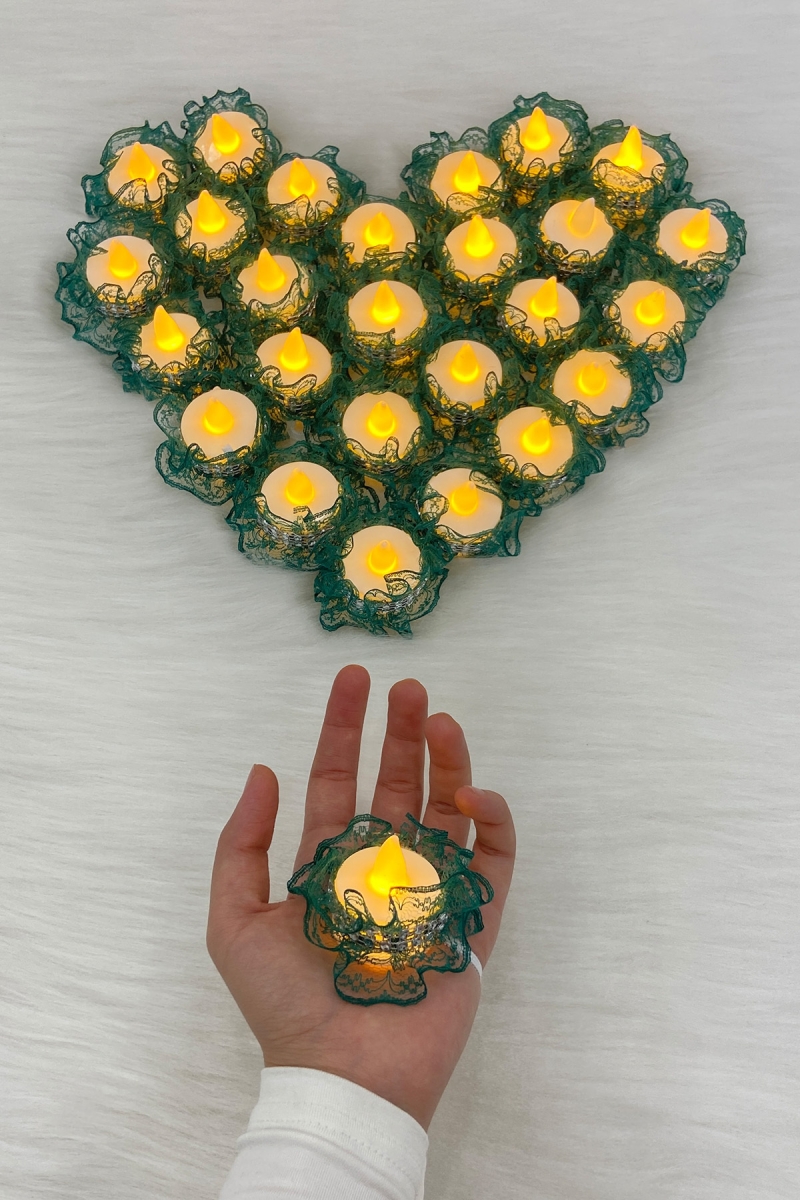 Yeşil Ledli Kına El Mumu, Düğün, Nedime, Bride, Sünnet, Led Işıklı, Tealight Mum Pilli 12 Adet