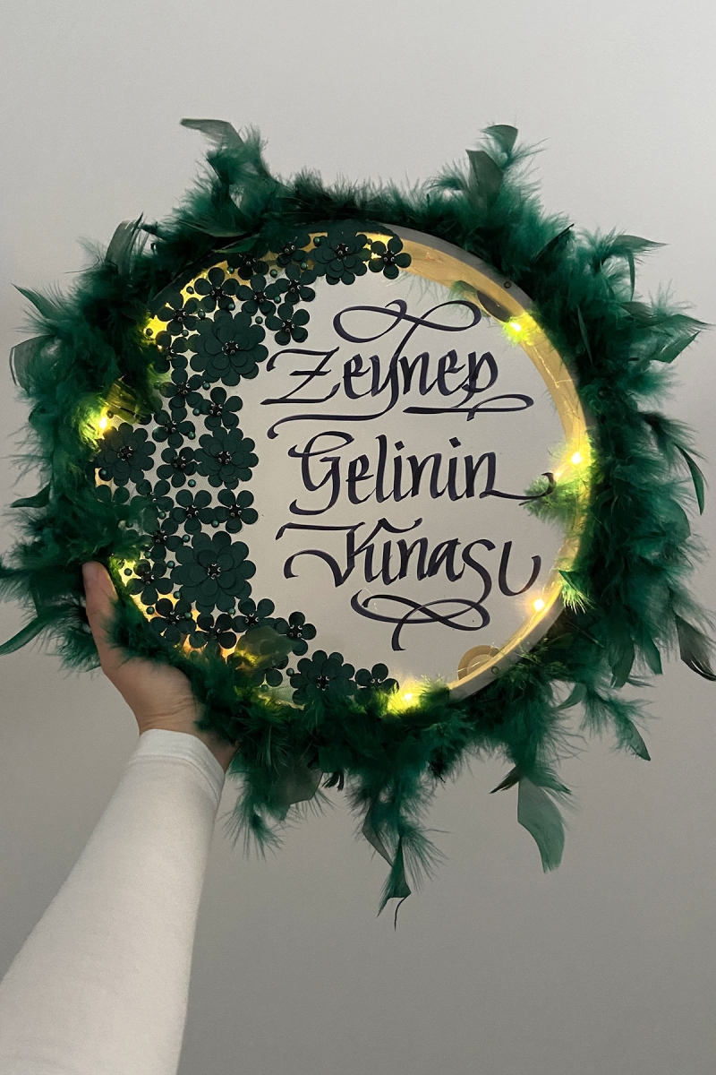 Yeşil Ledli Şeffaf Gelin Tefi 32cm 3d Çiçek Parlak Taş Otrişli Düğün Kına Nedime Bride Parti Defi