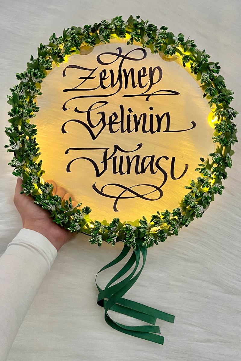 Yeşil Ledli Şeffaf Gelin Tefi 32cm Cipsolu Saten Kurdele Düğün Kına Nedime Bride Parti Defi