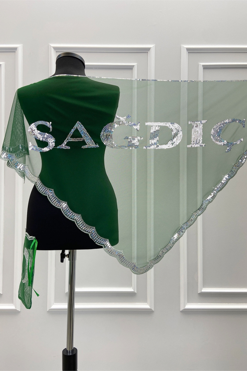 Yeşil Sağdıç Üçgen Model Pullu Omuz Örtüsü Şalı, Damat Nedime Asker Kına Örtüsü