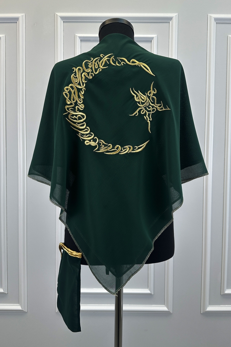 Yeşil Şifon Damat Omuz Örtüsü, Gold Ayyıldız Nakışlı Sim Kenar, Sağdıç Nedime Kına Asker Şalı Duvağı