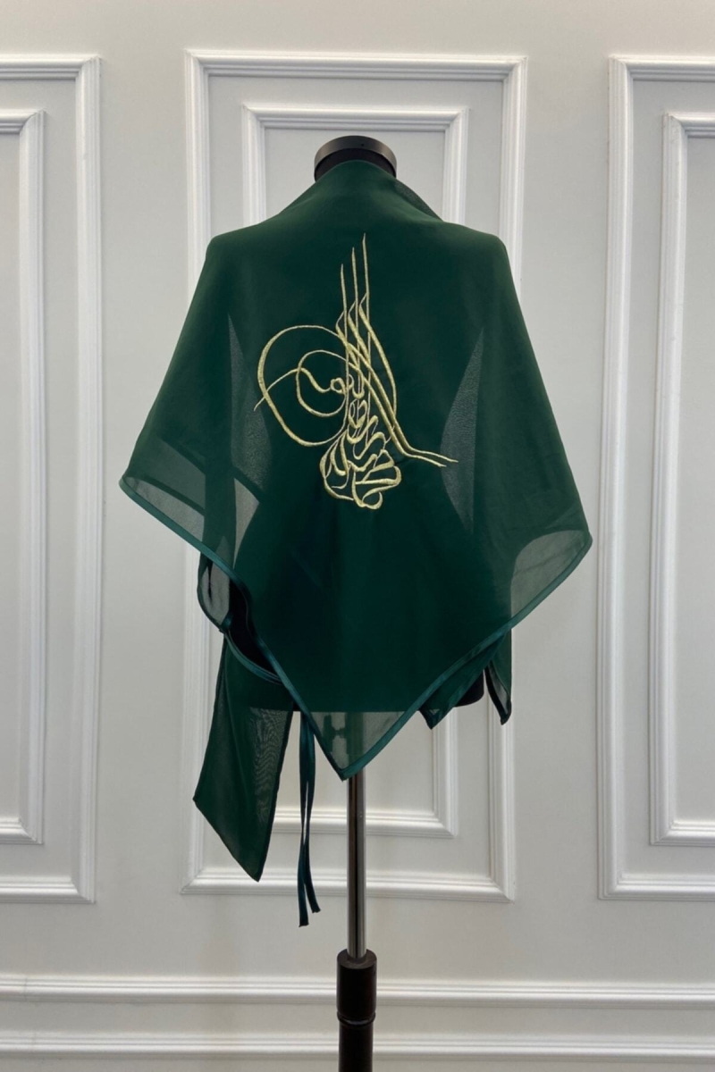 Yeşil Şifon Lüks Damat Omuz Örtüsü, Gold Tuğra Nakışlı, Sağdıç Nedime Kına Asker Şalı Duvağı