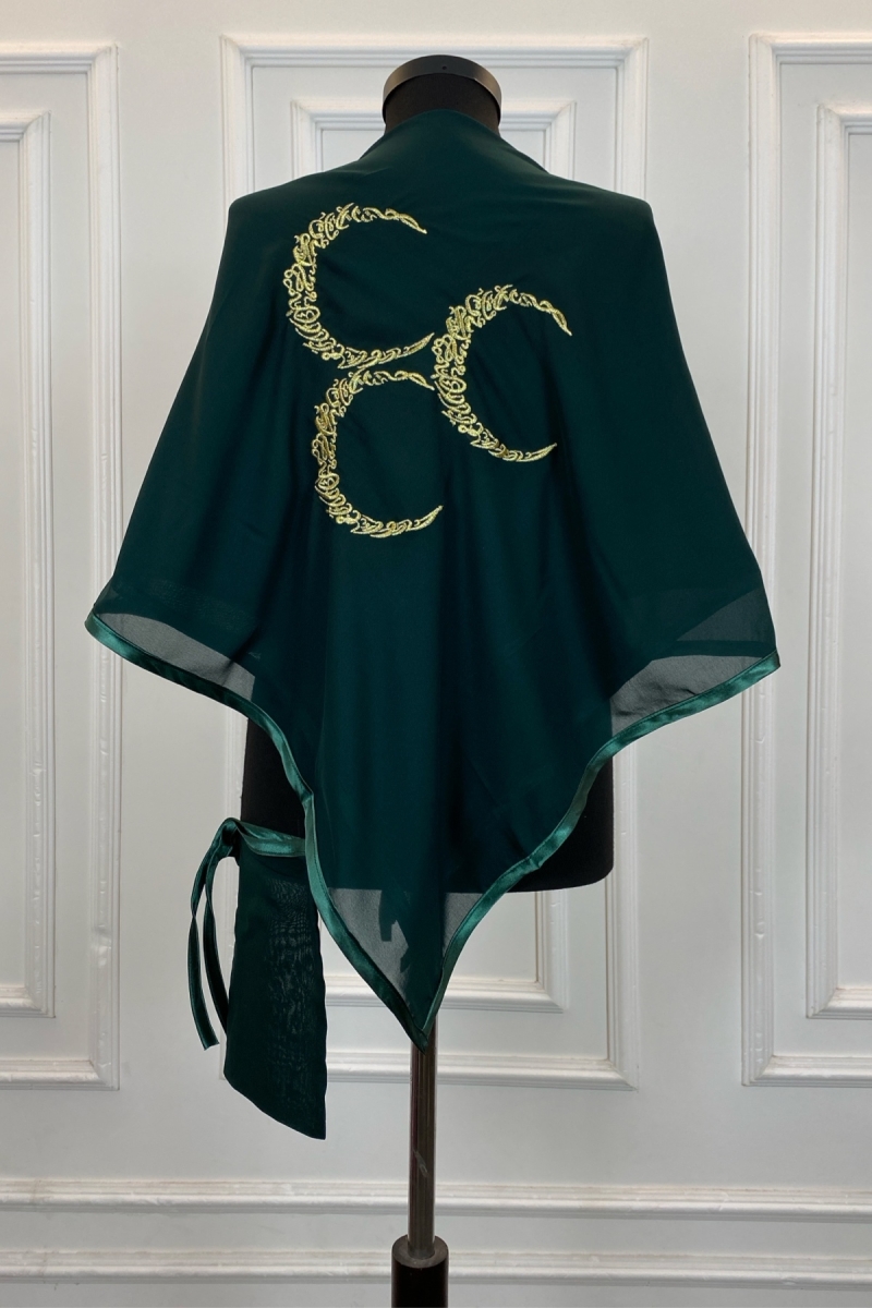 Yeşil Şifon Lüks Damat Omuz Örtüsü, Gold Üç Hilal Nakışlı, Sağdıç Asker Kına Örtüsü Şalı Duvağı