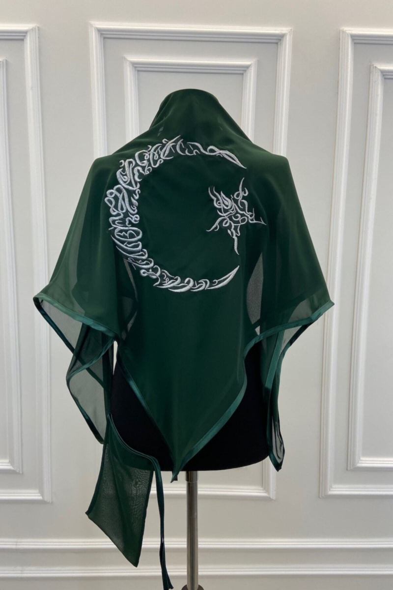 Yeşil Şifon Lüks Damat Omuz Örtüsü, Gümüş Ayyıldız Nakışlı, Sağdıç Nedime Kına Asker Şalı Duvağı
