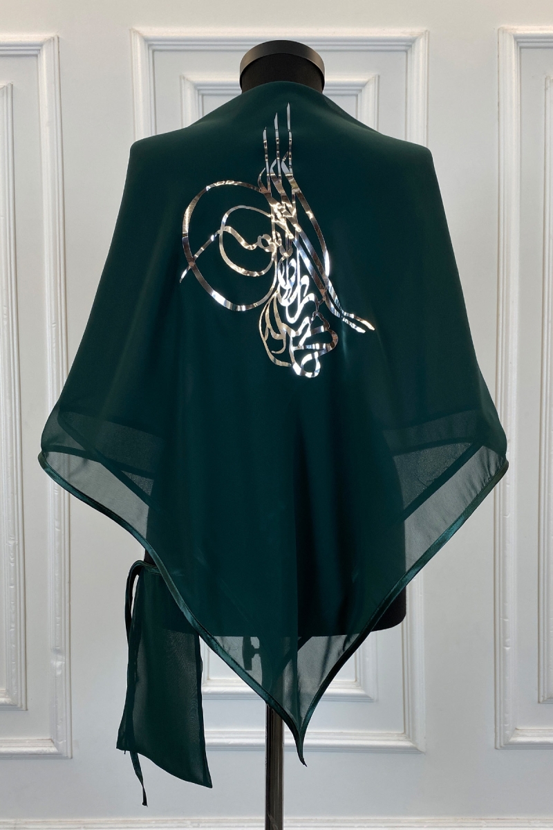 Yeşil Şifon Lüks Damat Omuz Örtüsü, Gümüş Tuğra Baskılı, Sağdıç Nedime Kına Asker Şalı Duvağı