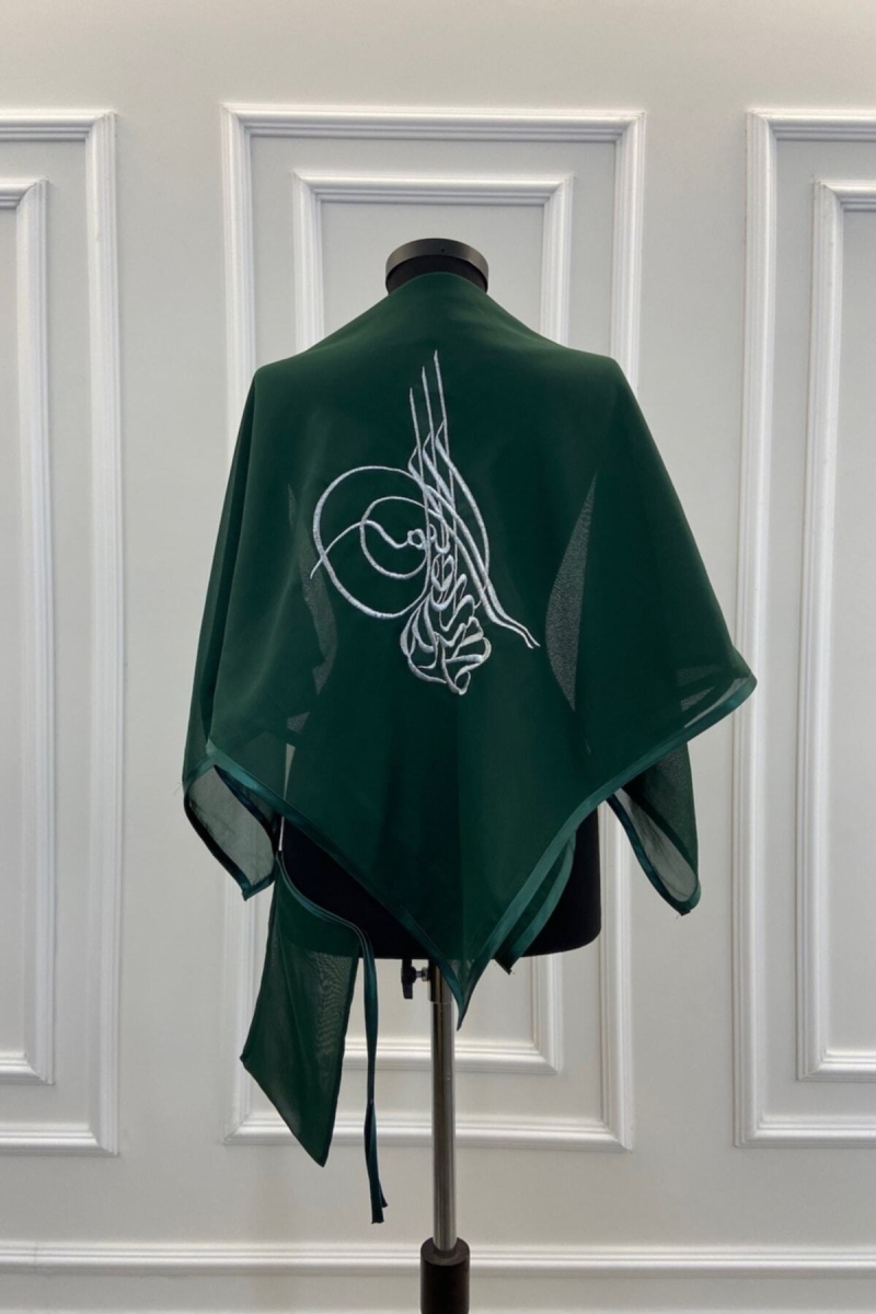 Yeşil Şifon Lüks Damat Omuz Örtüsü, Gümüş Tuğra Nakışlı, Sağdıç Nedime Kına Asker Şalı Duvağı