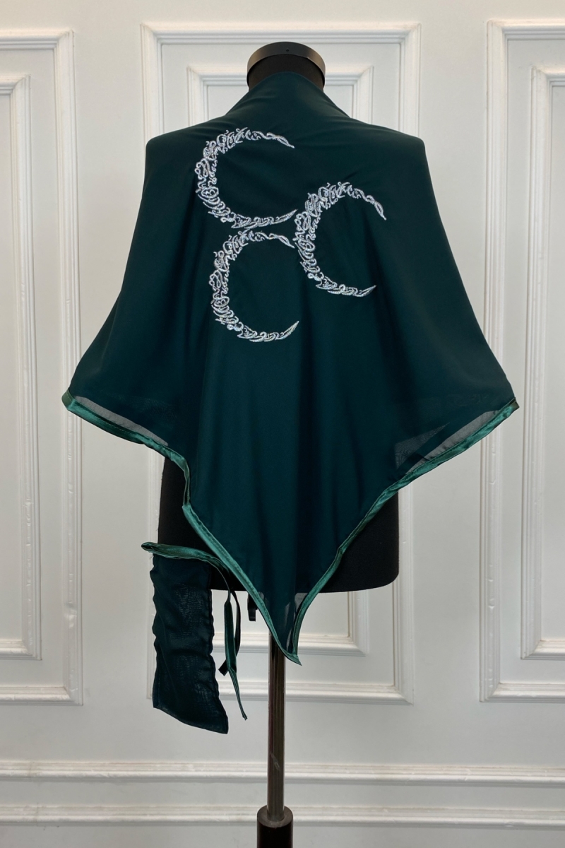 Yeşil Şifon Lüks Damat Omuz Örtüsü, Gümüş Üç Hilal Nakışlı, Sağdıç Asker Kına Örtüsü Şalı Duvağı