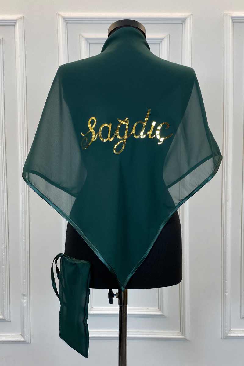 Yeşil Şifon Sağdıç Üçgen Model Omuz Örtüsü Şalı, Gold Baskılı, Damat Nedime Asker Kına Örtüsü