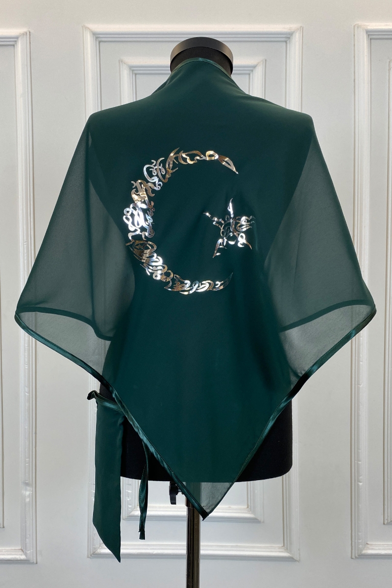 Yeşil Şifon Üçgen Damat Omuz Örtüsü, Gümüş Ayyıldız Baskılı, Sağdıç Nedime Kına Asker Şalı Duvağı