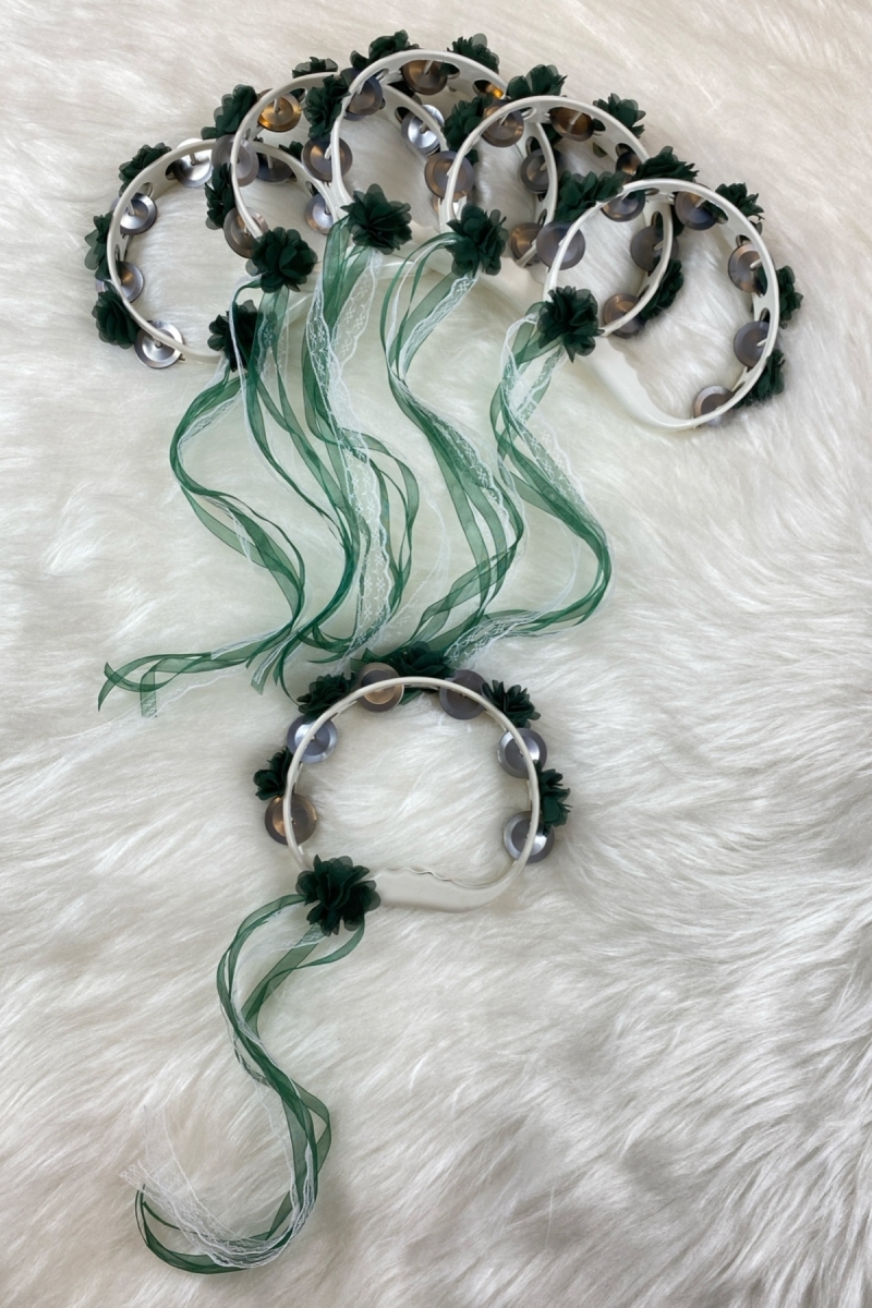 Yeşil Süslü Gelin Nedime Kına Gecesi Düğün Sünnet Tefi, Üç Boyut Lazer Çiçek Ve Kurdele Süslü 5 Adet