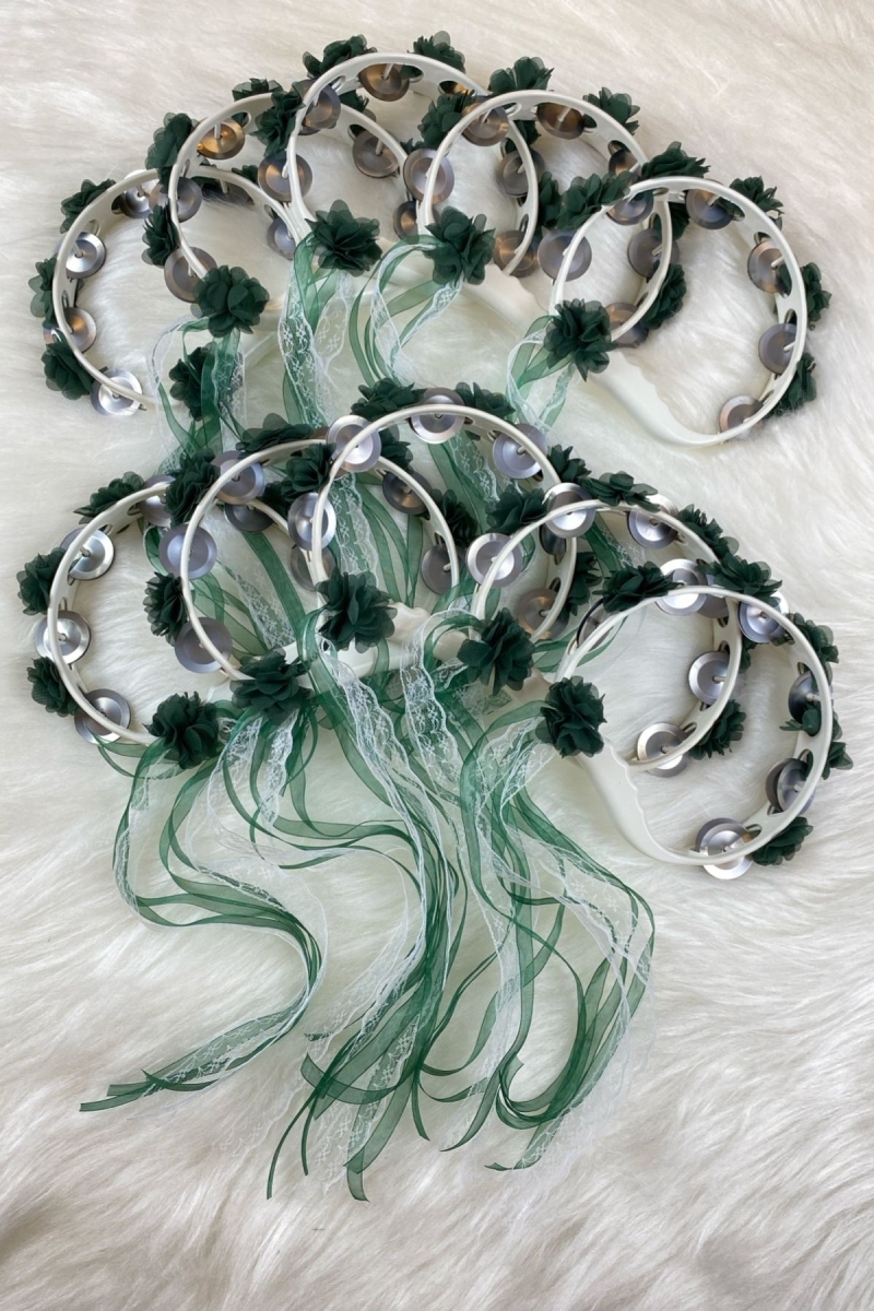 Yeşil Süslü Gelin Nedime Kına Gecesi Tefi, Üç Boyut Lazer Çiçek ve Kurdele Detaylı Tef 10 Adet