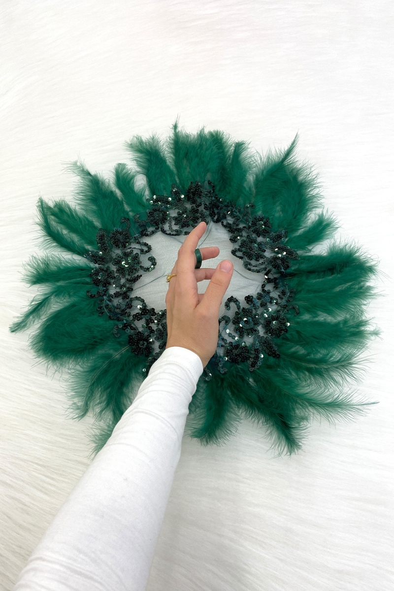 Yeşil Vip Gelin Mendili, Boncuk İnci Pul Tüy Detaylı Lüks Aplikli Damat Düğün Kına Sünnet Nişan