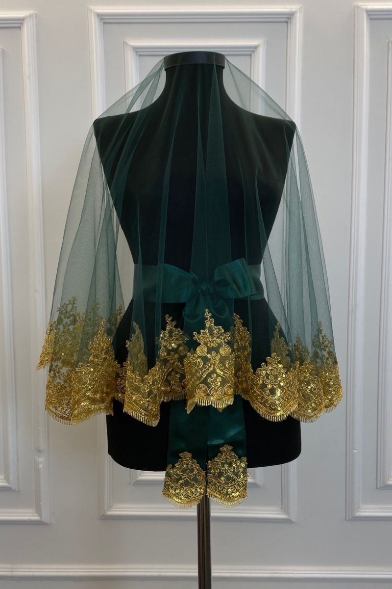 Zümrüt Gold Işıl Işıl Güpürlü Gelin Kına Duvağı Seti Düğün Kına Gecesi Yüz Örtüsü Alı