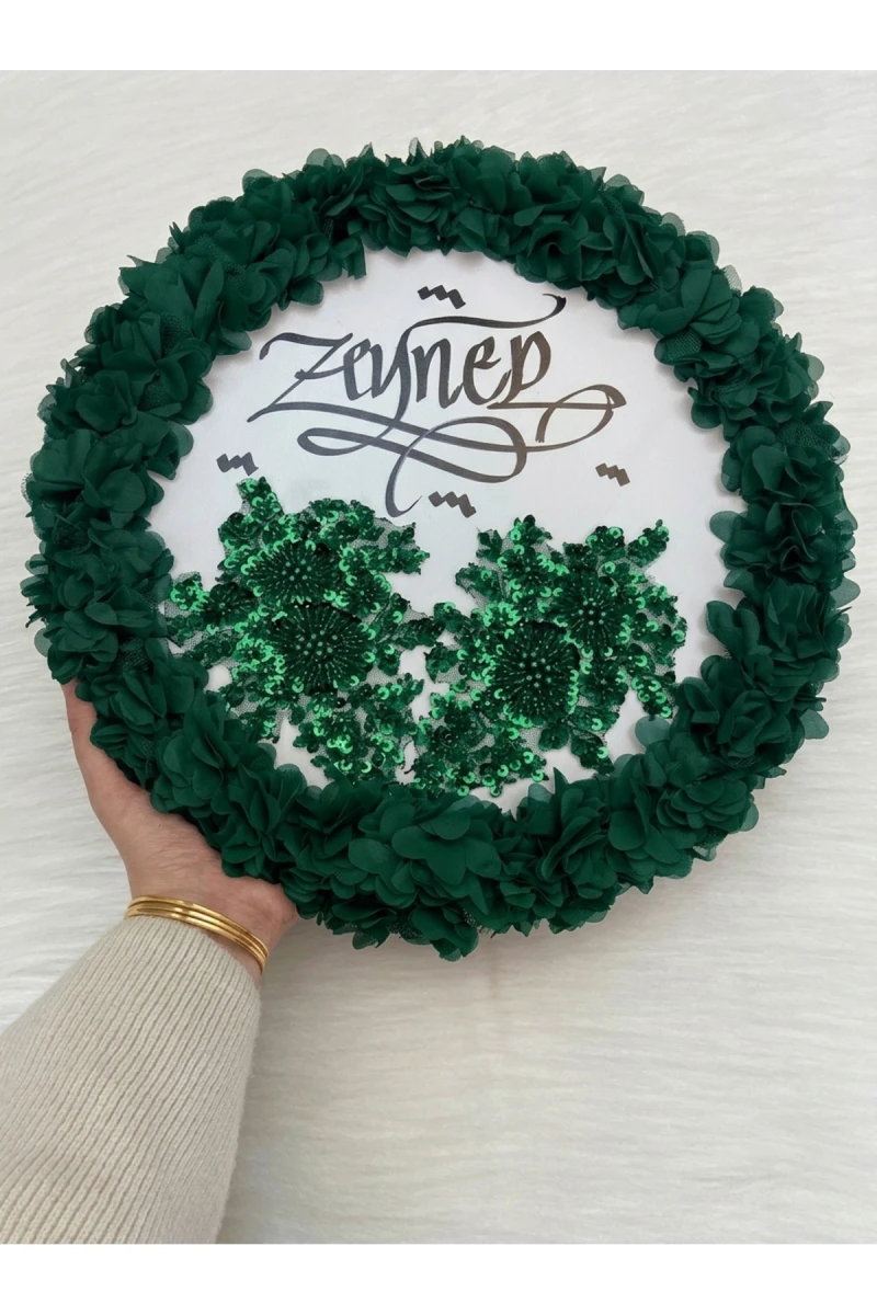 Zümrüt Yeşil Kaligrafi Gelin Tefi 32cm, Vip Güpürlü Ve 3d Çiçek Düğün Kına Sünnet Nedime Bride Parti