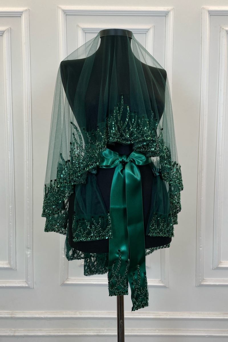 Zümrüt Yeşili Alev Desen Gelin Duvak Seti, Pullu Boncuklu Su Taşlı Kına Duvağı Seti 6 Parça