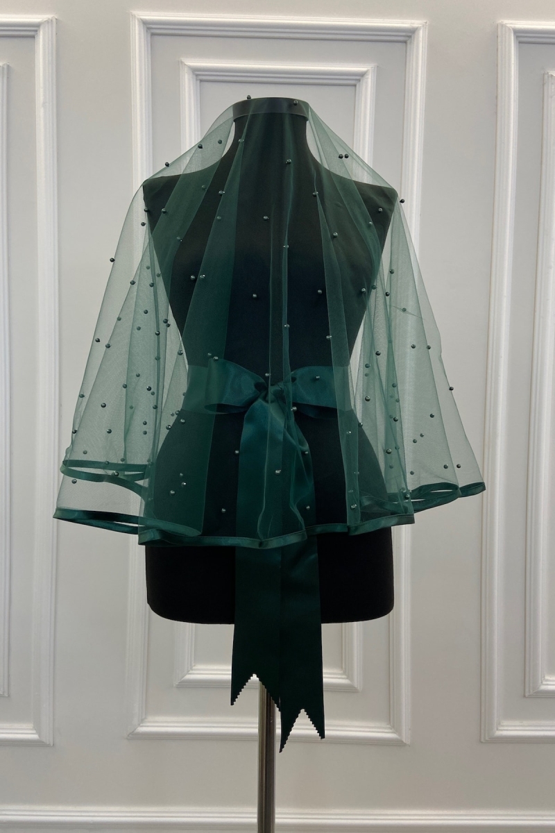 Zümrüt Yeşili Biyeli Bol Incili Gelin Duvak Seti