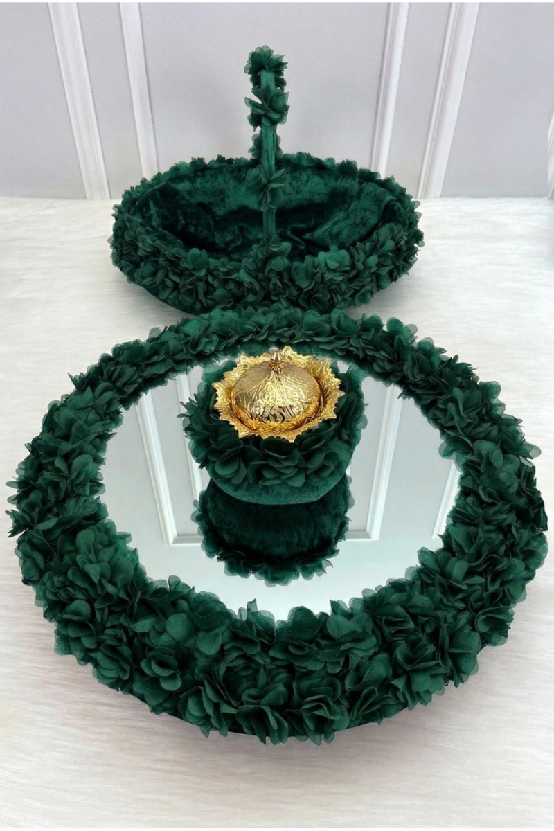 Zümrüt Yeşili Çiçekli Aynalı Kadife Kına Gecesi Tepsi Sepet Gelin Takımı, Nişan Nikah Düğün Sünnet